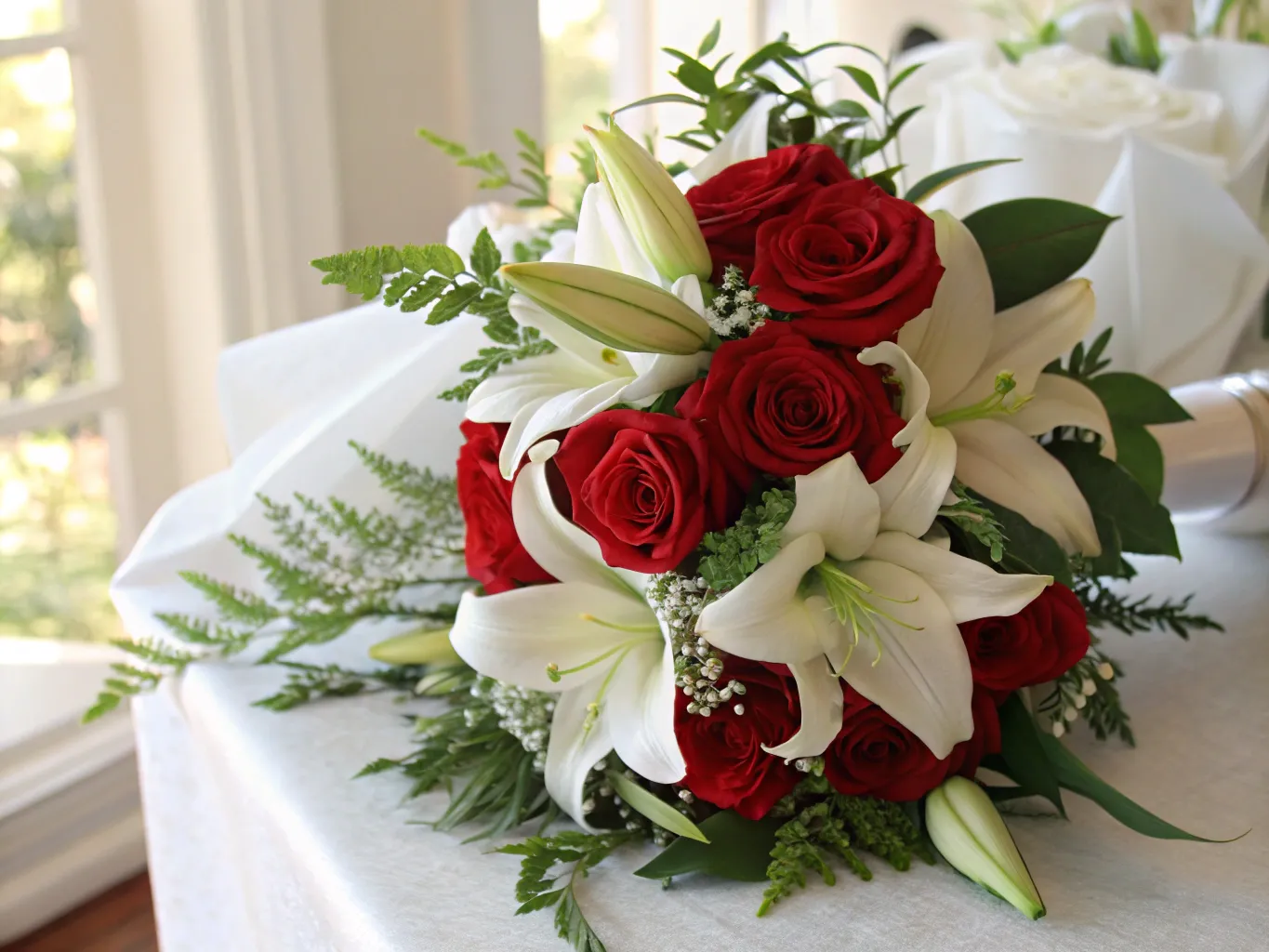 Elegant bryllupsbuket med roser og liljer